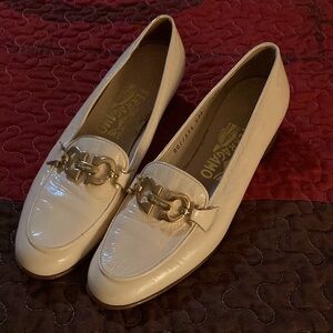 Ferragamo loafers, cream, patent leather. Size 7 1/2 2A. Italian made.